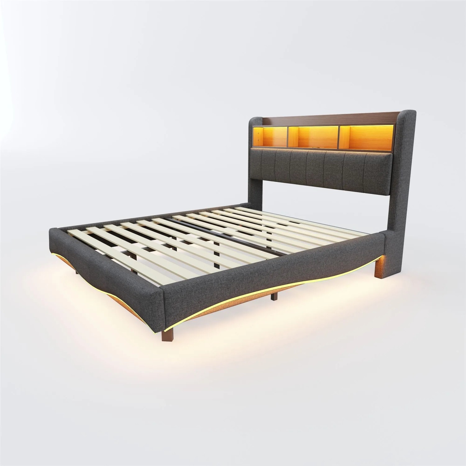 Merax Polsterbett 160x200cm LED USB-C Stauraum Leinen Grau