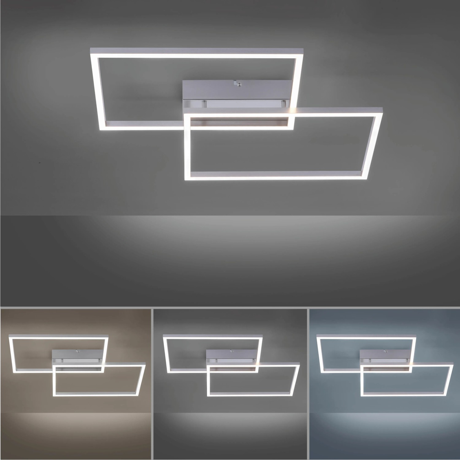 Moderne, dimmbare LED Deckenleuchte Iven aus Stahl, 75,5x56,2cm. Lichtfarbe einstellbar.