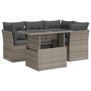 Graue 5-tlg. vidaXL Garten-Sofagarnitur aus Polyrattan mit Tisch und Kissen.