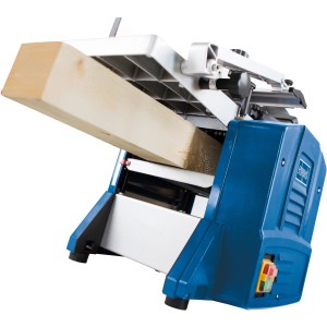 Scheppach HMS850 Abricht- und Dickenhobel mit Werkstück. Hobelmaschine für Holzbearbeitung.