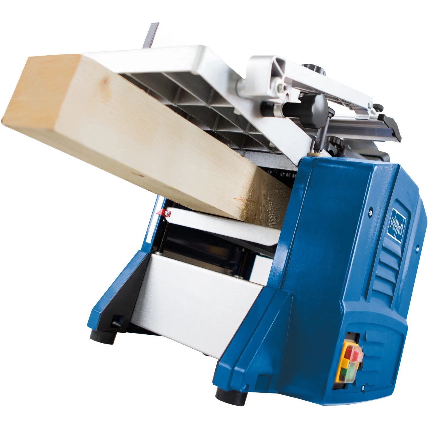Scheppach HMS850 Abricht- und Dickenhobel mit Werkstück. Hobelmaschine für Holzbearbeitung.