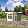 Karibu Holz-Gartenhaus Sölve, terragrau, mit Flachdach und Doppeltür. Ideal als Gerätehaus.