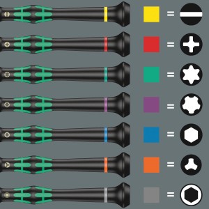 Wera Elektroniker Schraubendreher Set, verschiedene Größen und Farben für Innensechskantschrauben.