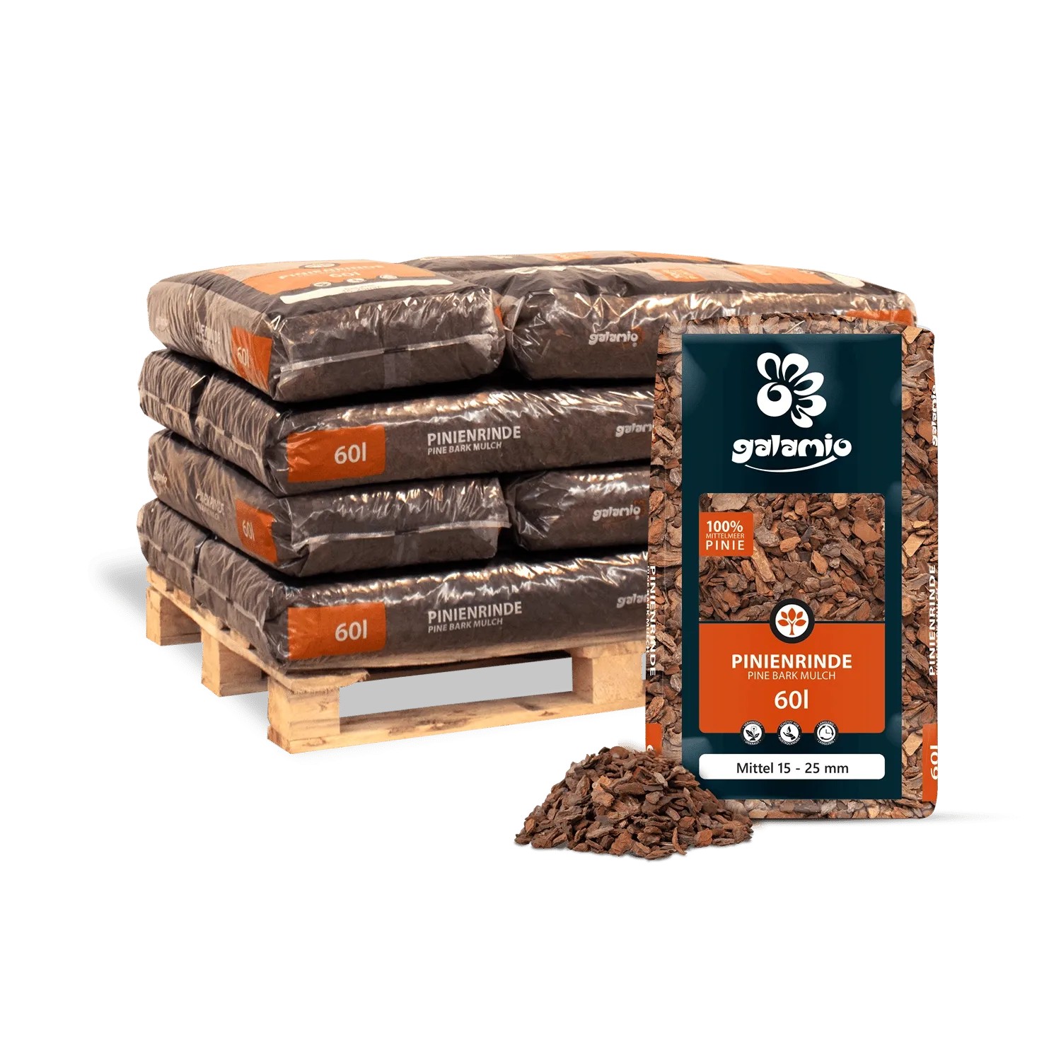 Galamio Rindenmulch Pinie Mittel 60l x 12 Sack 720l 12er Palette