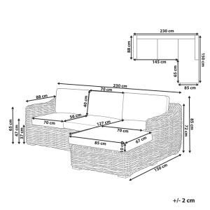 Skizze des beigen Gartensofas mit Maßen 230x150x85 cm.