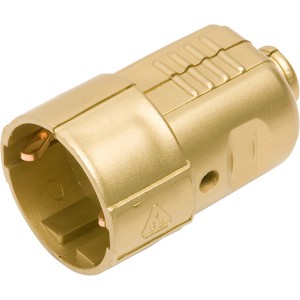 Goldene Schutzkontakt-Kupplung, 75mm, mit Knickschutz und verzinkten Kontakten.