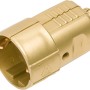 Goldfarbene Schutzkontakt-Kupplung, 75 mm, mit verzinkten Kontakten und Knickschutz.