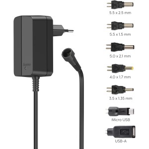 Schwarzes Hama Universal Schaltnetzteil mit 7 Adaptern (USB, Micro-USB, DC-Stecker) für verschiedene Geräte.