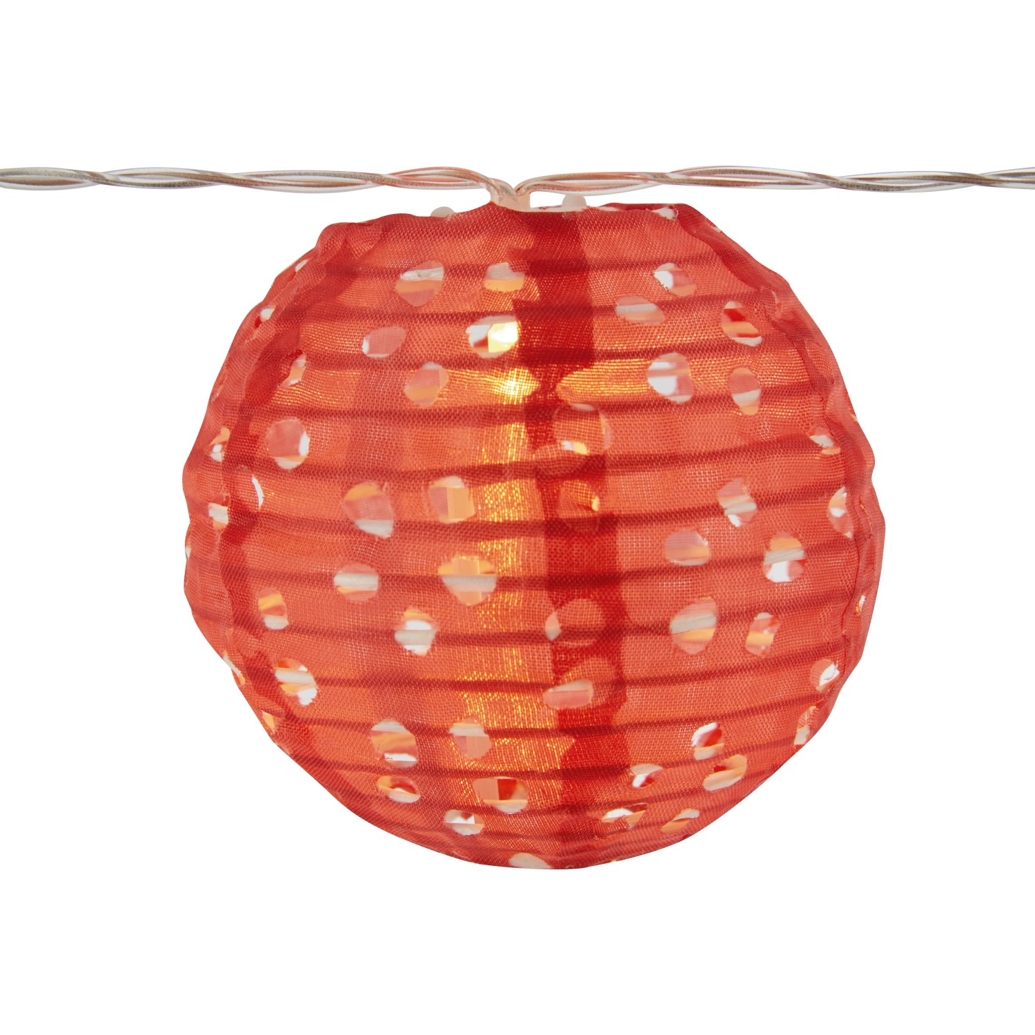 Bunte Solar-Lichterkette Fiuggi mit Lampion in Rot, Grau und Weiß, beleuchtet mit warmweißen LEDs.