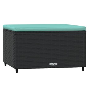 Schwarzer VidaXL Gartenhocker aus Rattan mit wasserblauem Kissen.