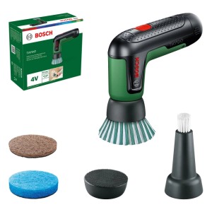 Bosch Taydo Akku-Reinigungsbürste grün-schwarz mit Bürsten, Pads, Schwamm und Verpackung auf weißem Grund.