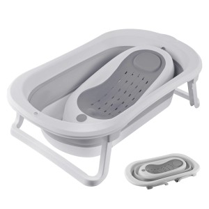 Weiße, faltbare Babybadewanne mit grauem Liegeeinsatz und Thermoablaufstopfen. Kleinbild zeigt sie zusammengeklappt.