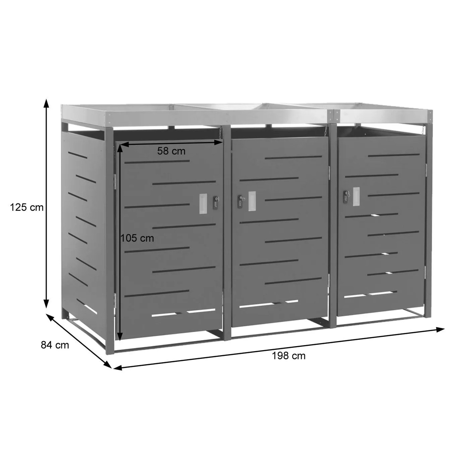 MCW 3er-Mülltonnenverkleidung H40 in Anthrazit mit Pflanzkasten, 125x198x84cm. Abschließbare Stahlbox für den Garten.