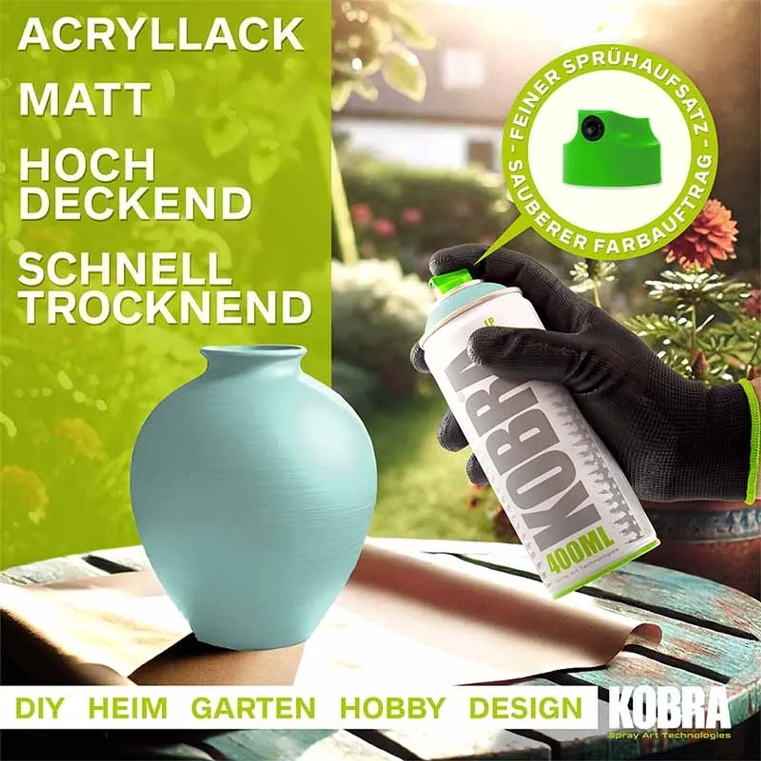 Kobra LP Buntlack Spray 400ml helltürkis matt: Dose und bemalte Vase im Garten.