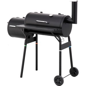 Schwarzer tepro Smoker Wichita Holzkohlegrill mit Ablage, Thermometer und Rädern.