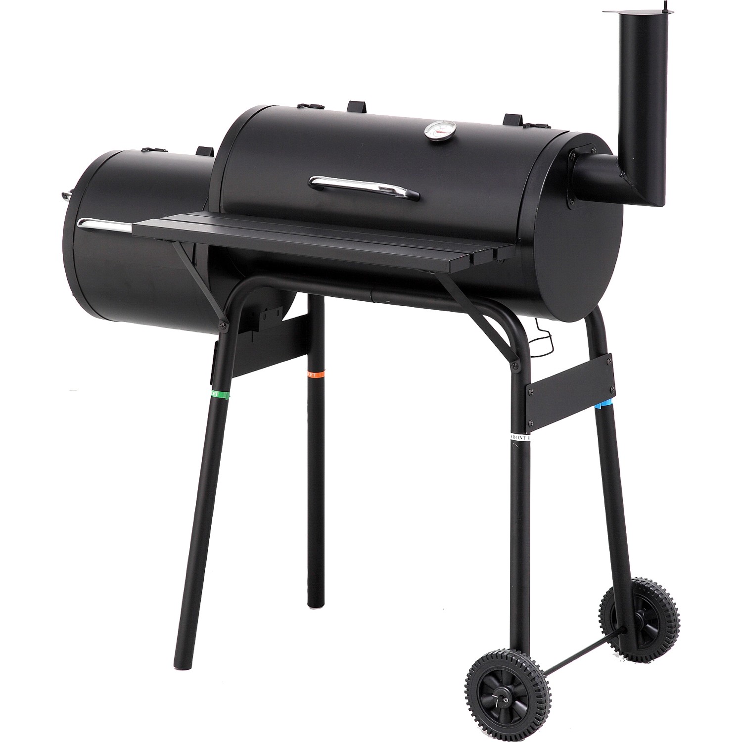 Schwarzer tepro Smoker Wichita Holzkohlegrill mit Ablage, Thermometer und Rädern.