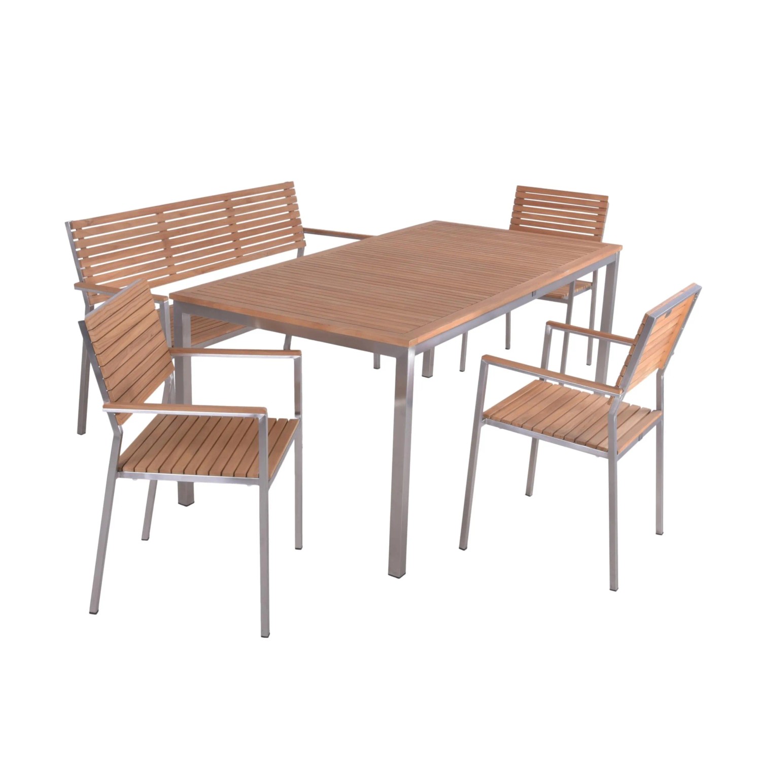 DELUKE Garten-Sitzgruppe PAUL 6-tlg. Tisch 1x Bank 3x Hochlehner Braun Edelstahl Teak Schwarz Gartenmöbel-Set Gartengarnitur Garten-Essgruppe
