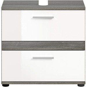 Waschbeckenunterschrank Blake, weiß hochglanz mit 2 Schubladen und grauer Absetzung.