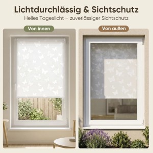 Sekey Rollo Seitenzugrollo ohne Bohren Blickdicht Sichtschutzrollo Schmetterling Weiss 70x150cm