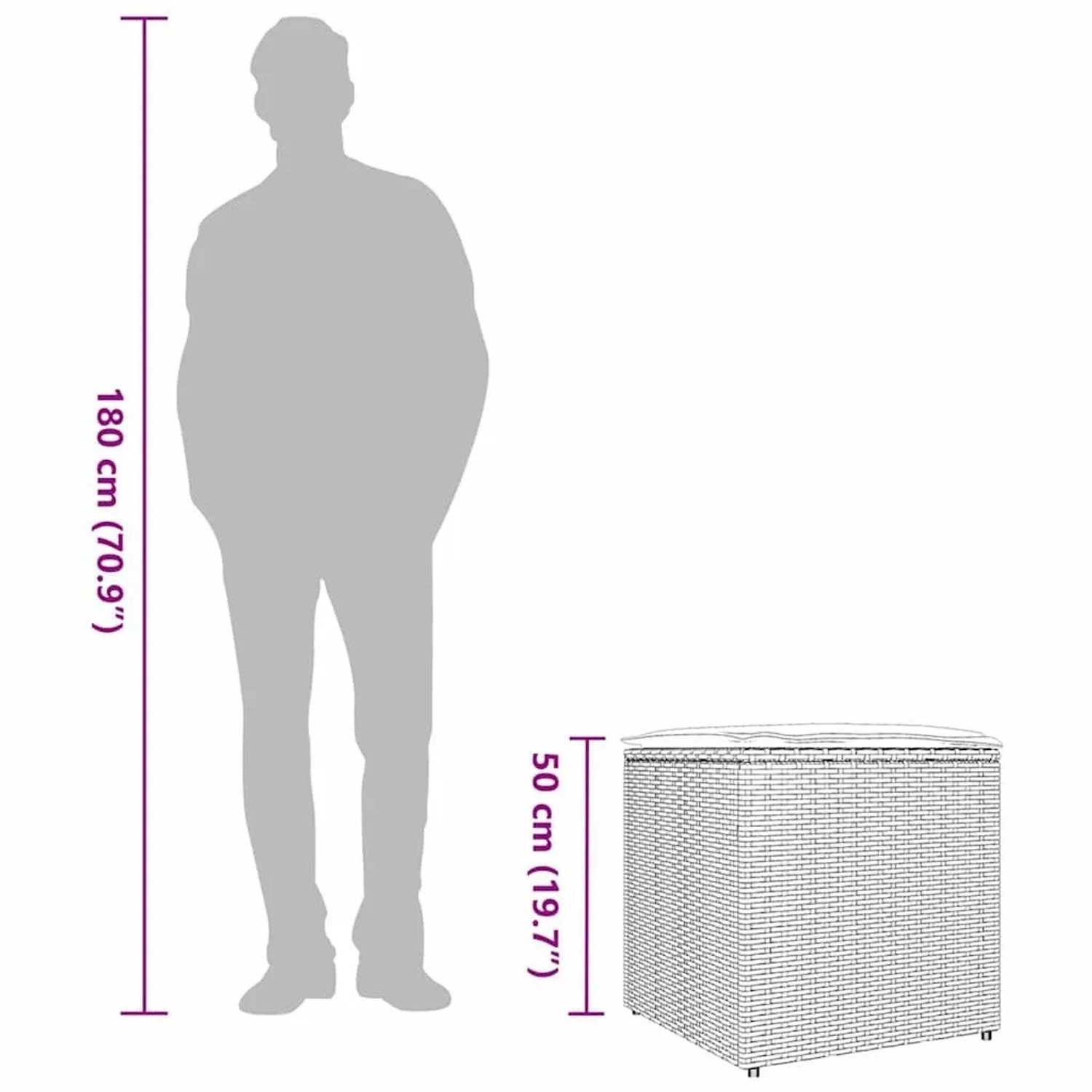 Graue vidaXL Kissenbox aus Poly-Rattan, 50x50x50 cm, zur Aufbewahrung im Garten.