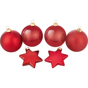 Weihnachtskugeln Set, Ø 6cm, 50-teilig, Burgunderrot, mit Kugeln und Sternen in verschiedenen Oberflächen.