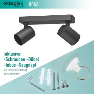 Schwarzer Oktaplex Bora 2-flammiger Spotbalken aus Aluminium, dreh- und schwenkbar.
