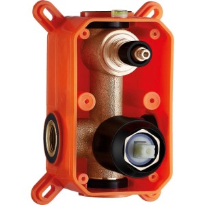 Orange Unterputz-Installationsbox für Duschsystem mit Messingarmatur und integrierter Wasserwaage.