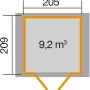 Grundriss OBI Outdoor Living Holz-Gartenhaus Monza, 205x229 cm, mit Maßangaben und Volumen.
