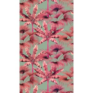 A.S. Creation Fototapete mit Palmenblättern in Pink und Grün auf hellgrünem Grund.