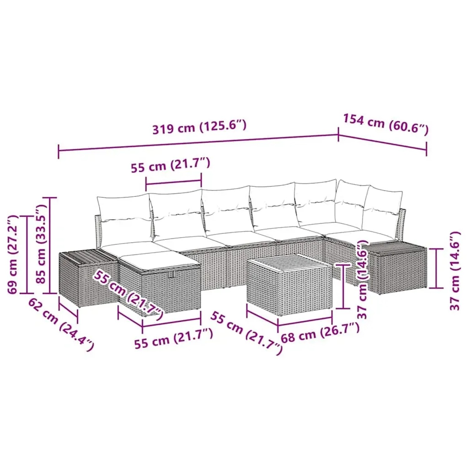 vidaXL Garten-Sofa-Set 8-tlg schwarz Poly Rattan mit Maßen, ideal für Terrasse und Garten.