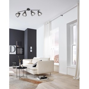 Schwarze, 4-flammige Fischer & Honsel Deckenleuchte Tilda im Retro-Design mit Holz-Lampenschirmen.