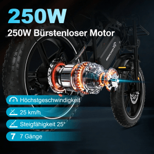 EVERCROSS E-Bike: 250W Motor (explodiert), Fette Reifen, 7 Gänge. 25 km/h Höchstgeschwindigkeit, 25° Steigfähigkeit.