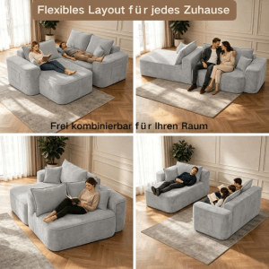 Modulares graues PXloue 4-Sitzer-Sofa aus Chenille mit Chaiselongue, Kissen und Seitentaschen, flexibel nutzbar.