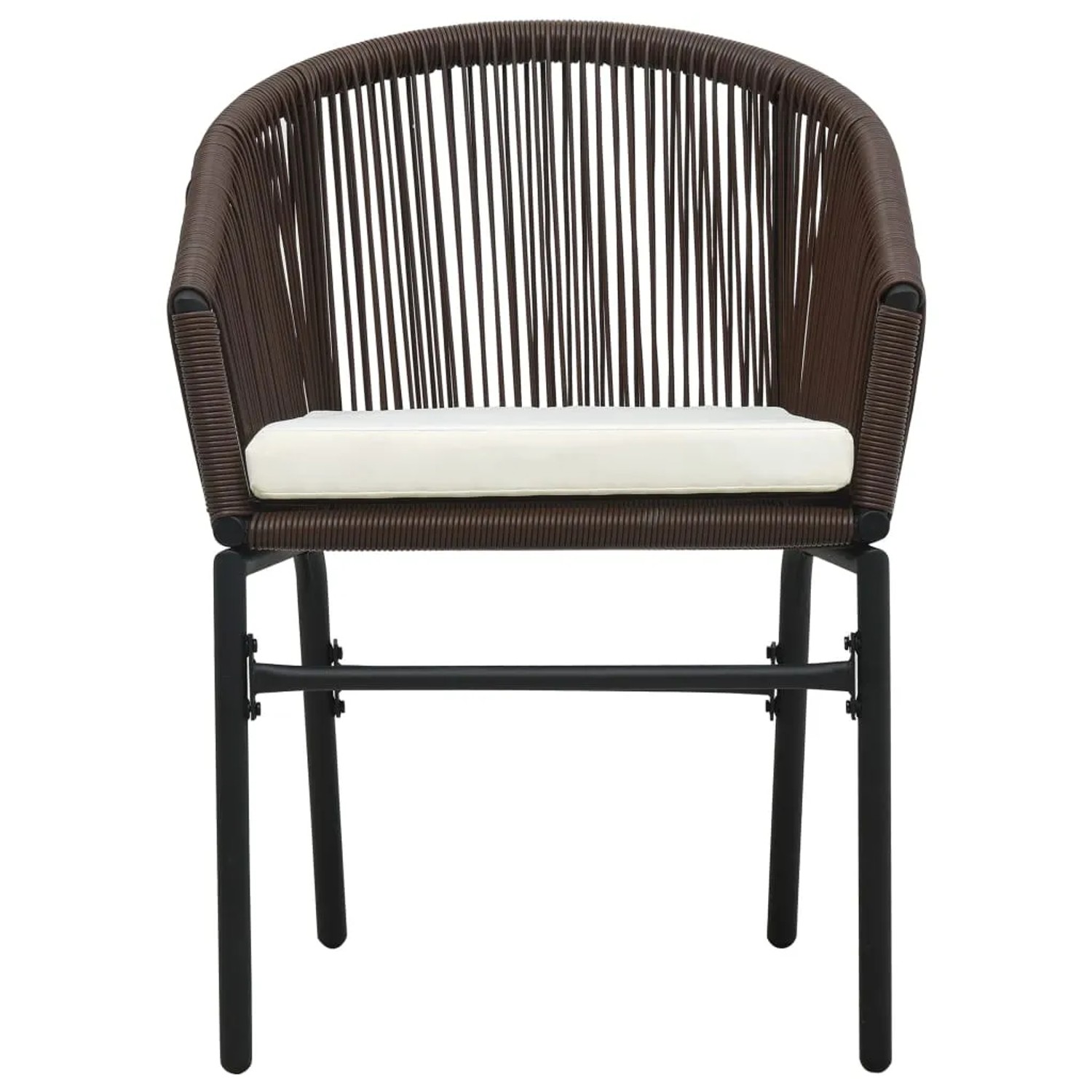 Brauner Rattan-Gartenstuhl mit cremefarbenem Kissen aus dem vidaXL Bistro-Set.