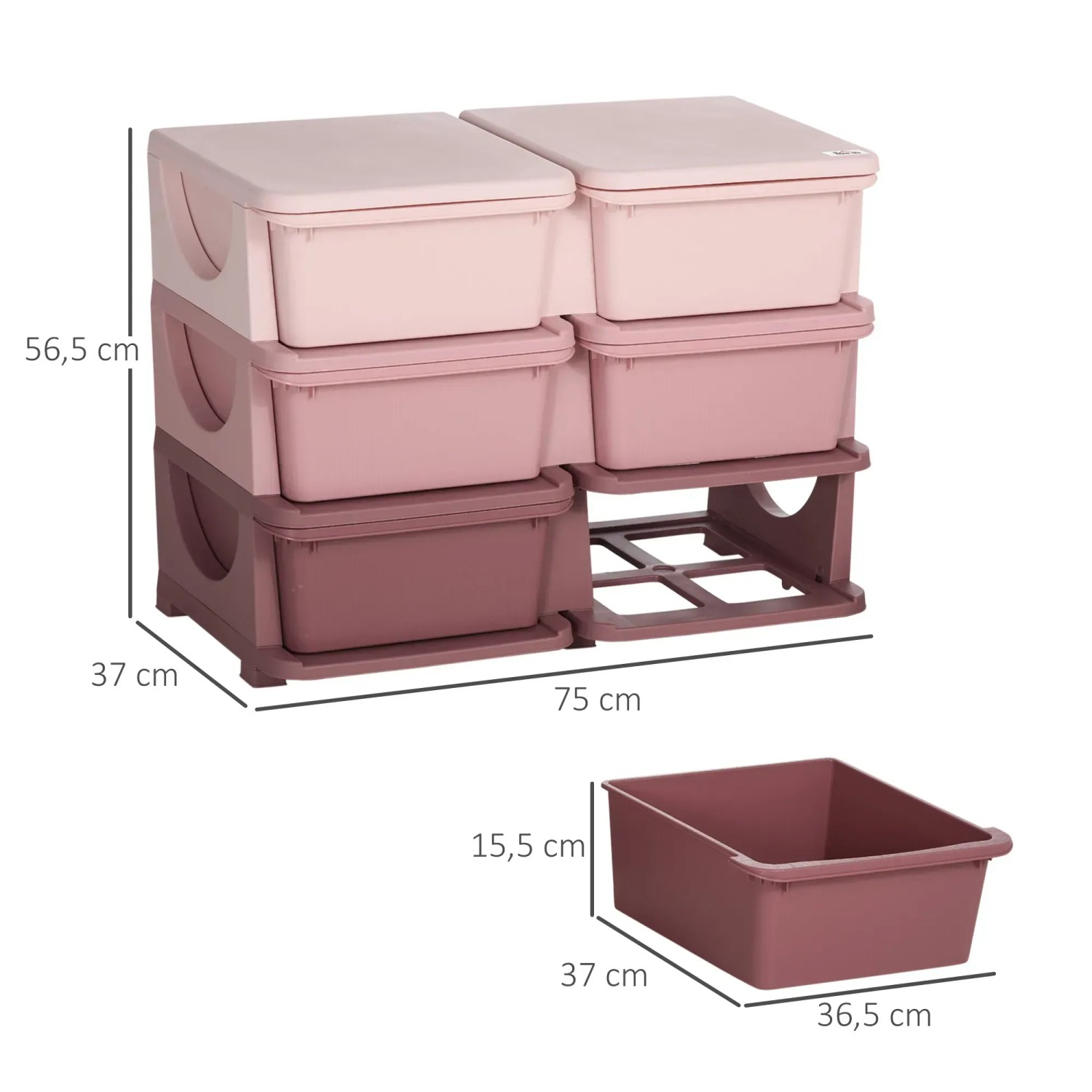 HOMCOM Aufbewahrungsbox mit Schubladen in Rosa- und Lilatönen, mit Größenangaben.