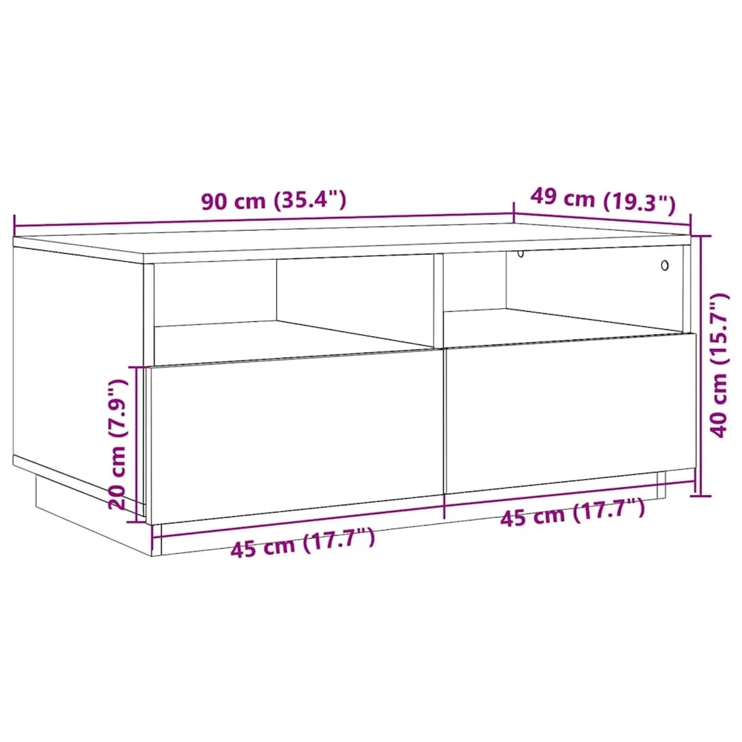Couchtisch Braun Eichen-Optik mit LED-Leuchten, 90x49x40 cm. Rechteckig, mit offenen und geschlossenen Fächern.