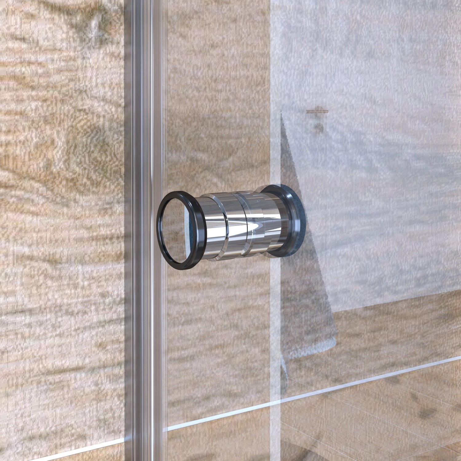 Detailaufnahme: Chromfarbener Magnetgriff an Dusch-Nischentür Brava Frame mit Glas-Festteil.