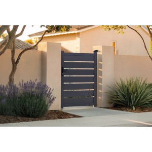 Casanoov Gartentür Vogel, 140 cm hoch, mit Öffnungsumkehrsatz. Graue Aluminium-Gartentür mit horizontalen Streben.