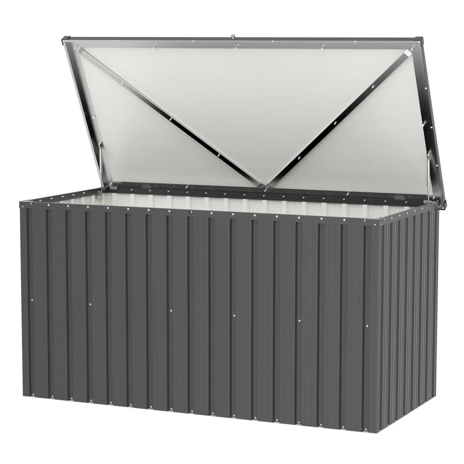 Geöffnete, anthrazitfarbene Tepro Universalbox Store X-Large aus Metall, 184,3x93,8x90 cm.