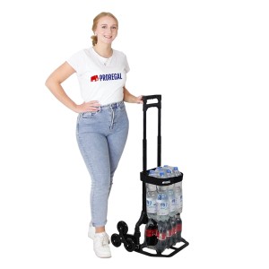 PROREGAL Treppensackkarre ELEPHANT mit Getränken und junger Frau. Klappbar, Traglast 70kg.