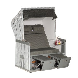 Silberner 2-Sitzer Strandkorb Konsul Halbliegemodell mit Tisch und Fußstützen.