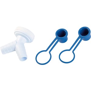 Weißer Doppelanschlusskopf 47,8 mm mit zwei blauen Verschlusskappen für Siphonanschlüsse.