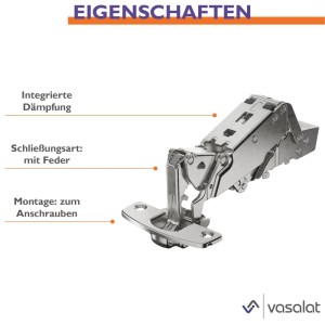 vasalat Hettich Weitwinkelscharnier 165 Grad, vernickelt, mit Dämpfung und Feder, zur Schraubmontage.