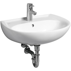 Geberit Renova Waschbecken, 60 cm, Bahamabeige, mit Armatur, Hahnloch und Überlauf.