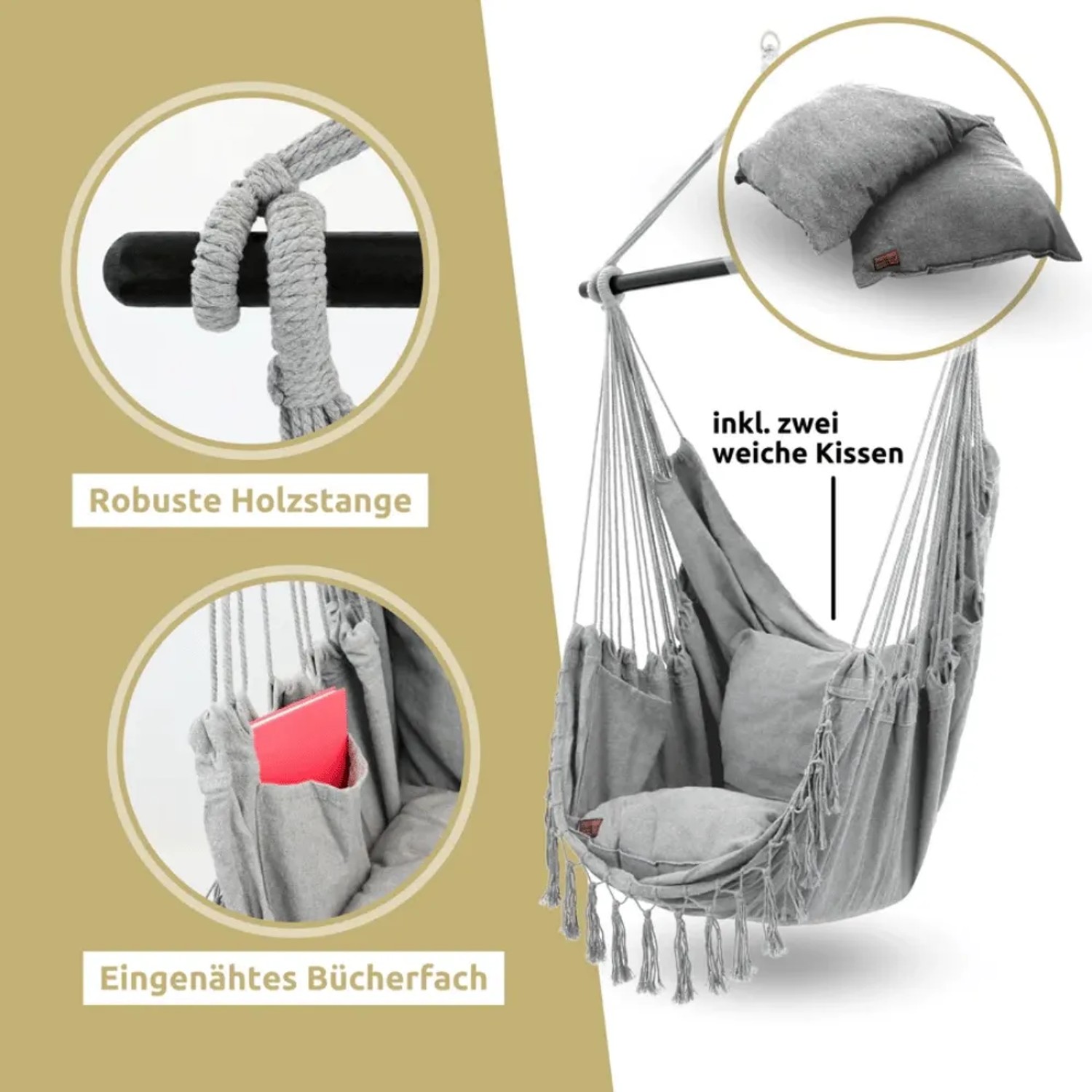 Grauer DELUKE Hängesessel mit Kissen, robuster Holzstange und integriertem Bücherfach. Ideal für Indoor & Outdoor.