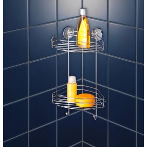 Wenko Eckregal mit 2 Chrom-Etagen und Saugnapf-Befestigung im Badezimmer.