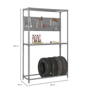 Graues PROREGAL Reifenregal mit Arbeitsfläche, Werkzeugwand und 6 Reifen. Ideal für Garage & Werkstatt.