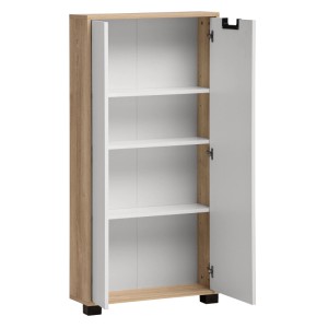 Offenes Schildmeyer Highboard Emmik in Weiß-Eiche mit 2 Türen und 3 Einlegeböden.