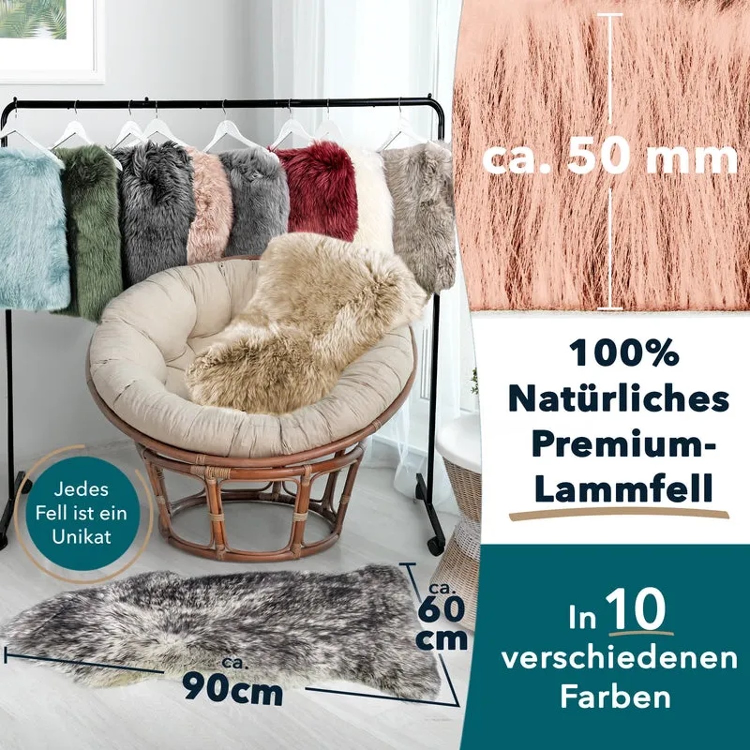 KARAT Schaffelle in verschiedenen Farben und Größen, z.B. rosa, auf Stuhl und Kleiderständer.