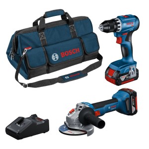 Bosch Professional 18V Werkzeug-Set, 2-teilig mit Bohrschrauber, Winkelschleifer, Akkus, Ladegerät und Werkzeugtasche.